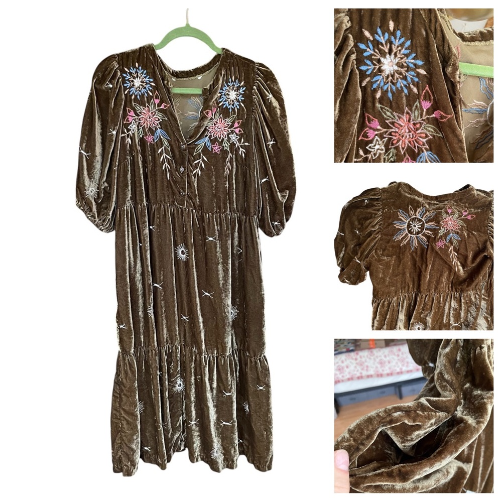 Wayward Fancies Eshaki Velvet Floral Celestial Dress Pockets Evergreen B…